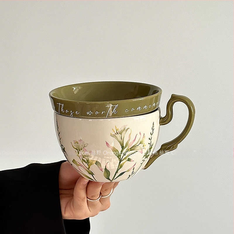 Cană de cafea cu capac verde de nișă, farfurie, stil pastoral, cadou, crin, capacitate mare, cană de apă, portocale retro