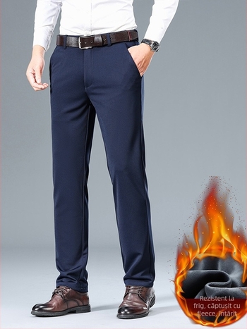 Bărbați de vârstă mijlocie, pantaloni drepți slim-fit, pantaloni occidentali, toamna și iarna, căptușiți cu fleece pentru tată, pantaloni îngroșați pentru bărbați, pantaloni stretch de afaceri casual, pantaloni