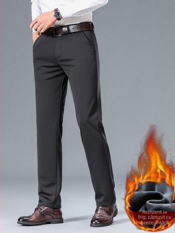 Bărbați de vârstă mijlocie, pantaloni drepți slim-fit, pantaloni occidentali, toamna și iarna, căptușiți cu fleece pentru tată, pantaloni îngroșați pentru bărbați, pantaloni stretch de afaceri casual, pantaloni