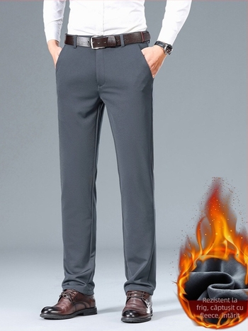 Bărbați de vârstă mijlocie, pantaloni drepți slim-fit, pantaloni occidentali, toamna și iarna, căptușiți cu fleece pentru tată, pantaloni îngroșați pentru bărbați, pantaloni stretch de afaceri casual, pantaloni