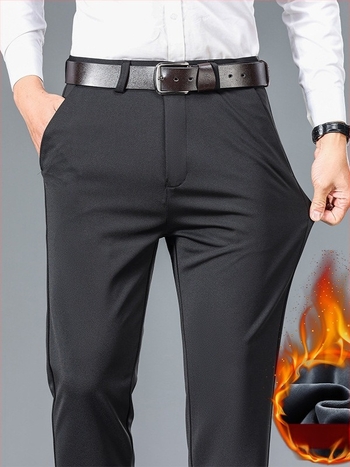 Bărbați de vârstă mijlocie, pantaloni drepți slim-fit, pantaloni occidentali, toamna și iarna, căptușiți cu fleece pentru tată, pantaloni îngroșați pentru bărbați, pantaloni stretch de afaceri casual, pantaloni