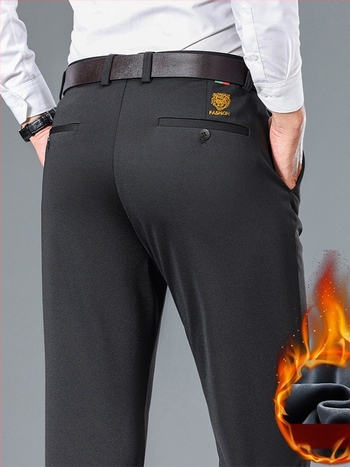 Bărbați de vârstă mijlocie, pantaloni drepți slim-fit, pantaloni occidentali, toamna și iarna, căptușiți cu fleece pentru tată, pantaloni îngroșați pentru bărbați, pantaloni stretch de afaceri casual, pantaloni