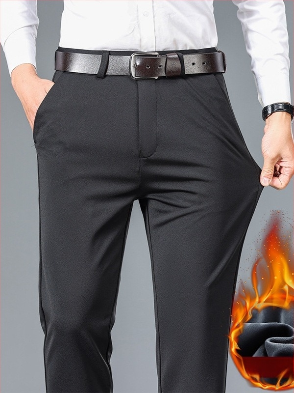 Bărbați de vârstă mijlocie, pantaloni drepți slim-fit, pantaloni occidentali, toamna și iarna, căptușiți cu fleece pentru tată, pantaloni îngroșați pentru bărbați, pantaloni stretch de afaceri casual, pantaloni