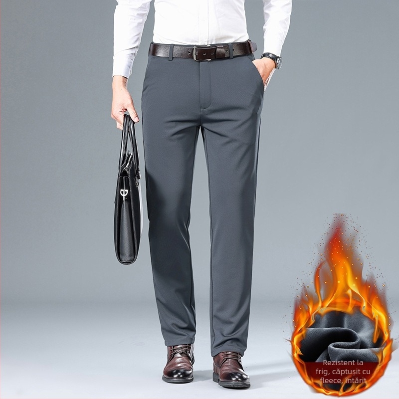 Bărbați de vârstă mijlocie, pantaloni drepți slim-fit, pantaloni occidentali, toamna și iarna, căptușiți cu fleece pentru tată, pantaloni îngroșați pentru bărbați, pantaloni stretch de afaceri casual, pantaloni