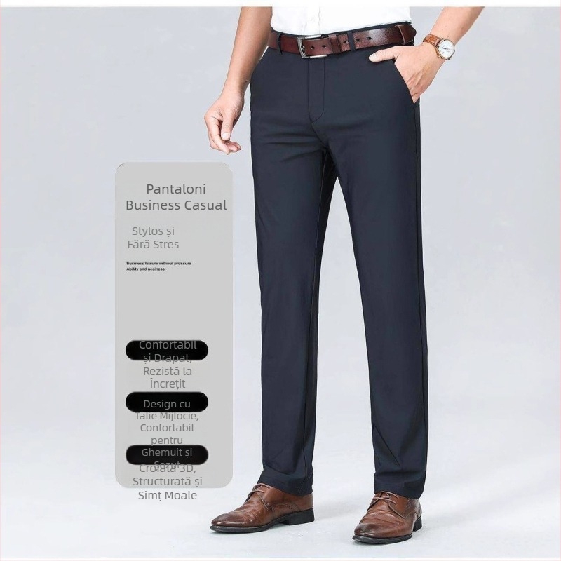 Bărbați de vară, subțiri, slim fit, elastice, formale, casual, business, drapat, fără riduri, plus-size, pantaloni cu picior drept