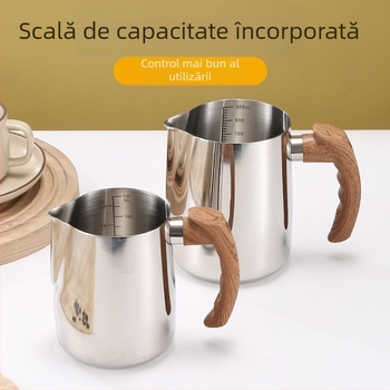 Ceașcă de cafea Latte Art din oțel inoxidabil certificat transfrontalier FCM, cu mâner din lemn, cu scală interioară, cilindru Latte Art cu gură îngroșată și ascuțită, în stoc