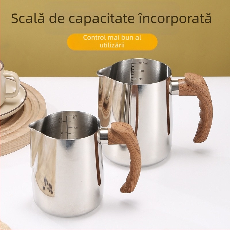 Ceașcă de cafea Latte Art din oțel inoxidabil certificat transfrontalier FCM, cu mâner din lemn, cu scală interioară, cilindru Latte Art cu gură îngroșată și ascuțită, în stoc