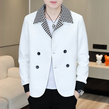 Sacou casual masculin cu model houndstooth, stil coreean, croială slim, nasturi dubli