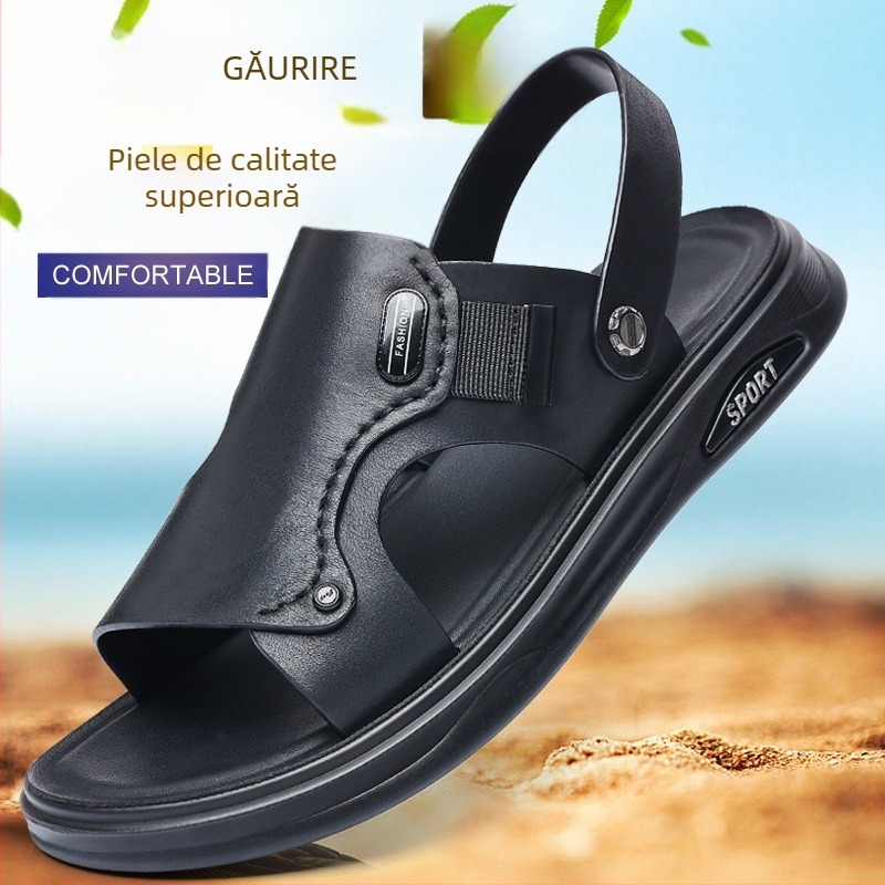 Pantofi de plajă pentru bărbați de vară din piele de vacă, primul strat, sandale din piele, papuci casual pentru bărbați din piele naturală, sandale respirabile, pantofi pentru bărbați