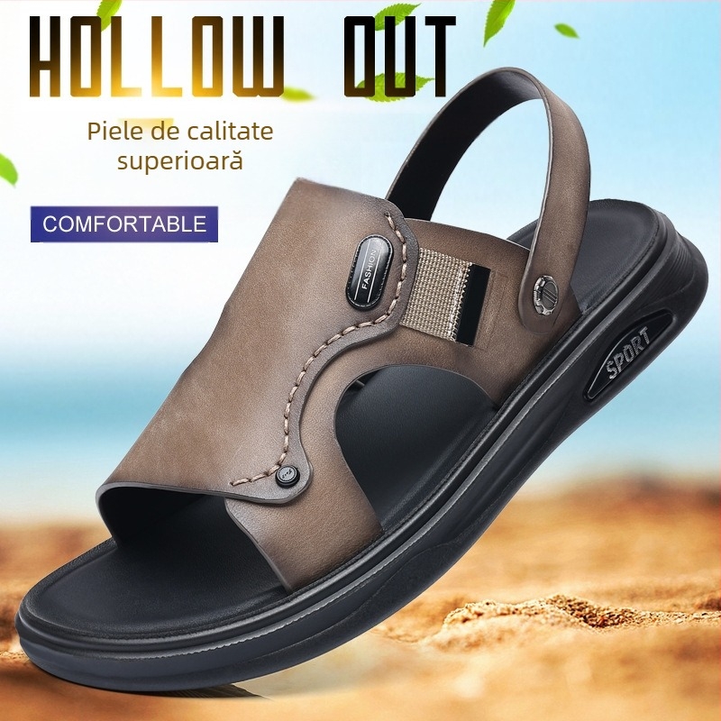 Pantofi de plajă pentru bărbați de vară din piele de vacă, primul strat, sandale din piele, papuci casual pentru bărbați din piele naturală, sandale respirabile, pantofi pentru bărbați