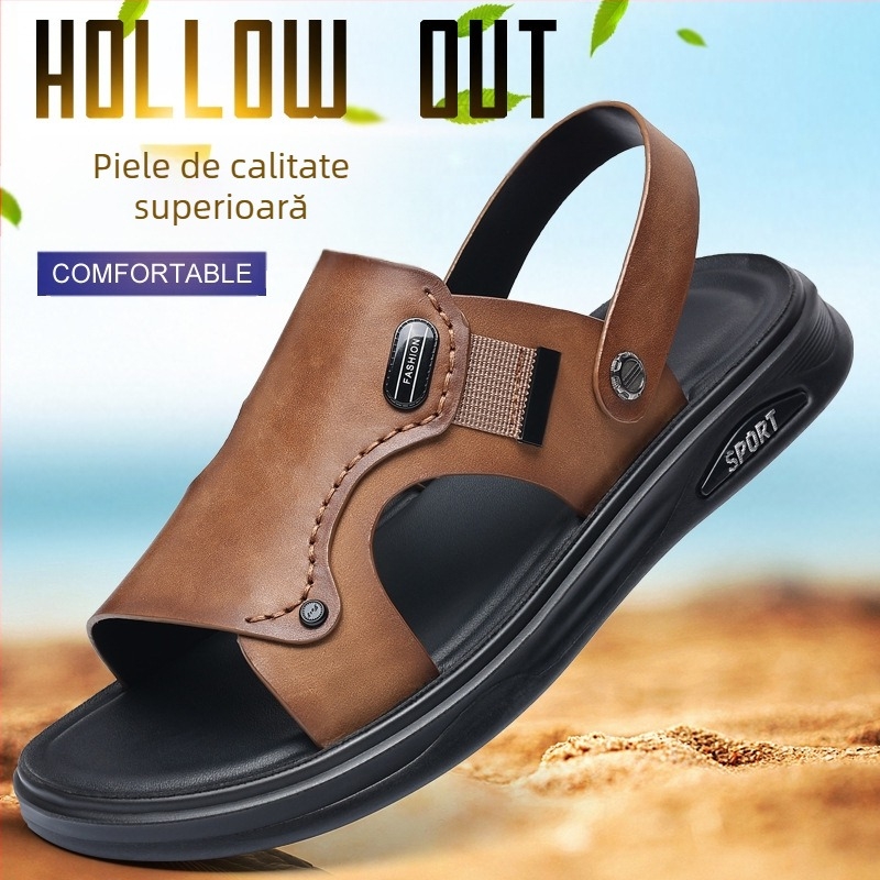 Pantofi de plajă pentru bărbați de vară din piele de vacă, primul strat, sandale din piele, papuci casual pentru bărbați din piele naturală, sandale respirabile, pantofi pentru bărbați