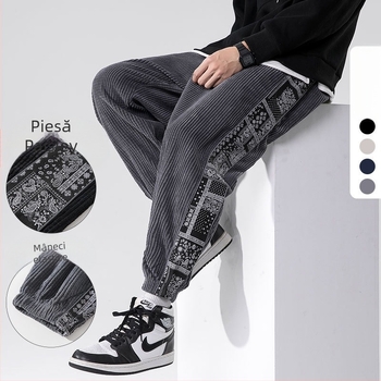Pantaloni sport pentru bărbați, stil chinezesc, stil japonez, de dimensiuni mari, toamna și iarna 2025, stil național chinezesc, trend național, din catifea reiată, casual, pantaloni sport pentru bărbați