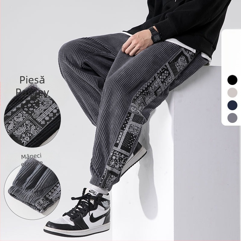 Pantaloni sport pentru bărbați, stil chinezesc, stil japonez, de dimensiuni mari, toamna și iarna 2025, stil național chinezesc, trend național, din catifea reiată, casual, pantaloni sport pentru bărbați