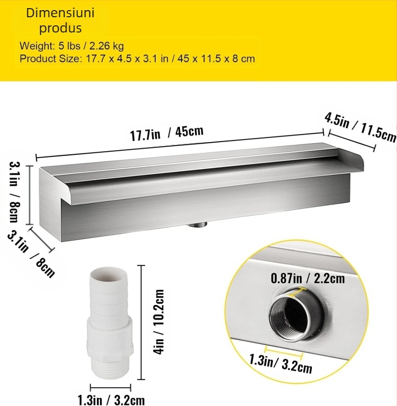 Furnizare directă din fabrică, fântână pentru piscină, cascadă pentru piscină din oțel inoxidabil, preaplin cu conector pentru țeavă, dreptunghiular, grădină în aer liber