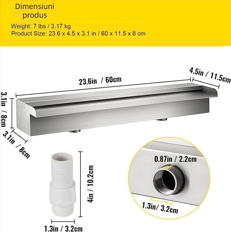 Furnizare directă din fabrică, fântână pentru piscină, cascadă pentru piscină din oțel inoxidabil, preaplin cu conector pentru țeavă, dreptunghiular, grădină în aer liber