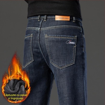Blugi de iarnă cu căptușeală din fleece pentru bărbați, pantaloni largi, drepți, elastici, caldi, din catifea, îngroșați, casual, 2024