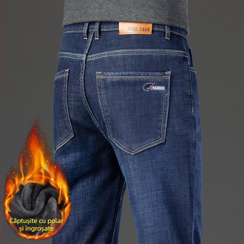 Blugi de iarnă cu căptușeală din fleece pentru bărbați, pantaloni largi, drepți, elastici, caldi, din catifea, îngroșați, casual, 2024