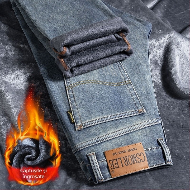 Blugi groși cu căptușeală din fleece pentru comerț exterior, pantaloni groși de iarnă pentru bărbați, călduroși, retro american, la modă, toamnă și iarnă