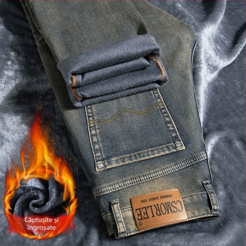 Blugi groși cu căptușeală din fleece pentru comerț exterior, pantaloni groși de iarnă pentru bărbați, călduroși, retro american, la modă, toamnă și iarnă