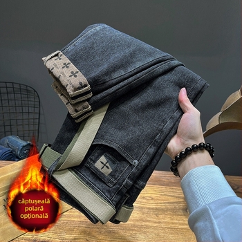 Pantaloni bărbătești toamna și iarna 2024 blugi negri cu căptușeală din fleece pentru bărbați, croială dreaptă slim fit, elastici, retro spălați, elastici, casual