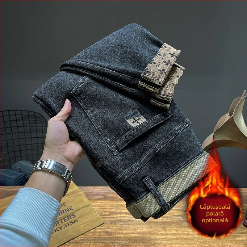 Pantaloni bărbătești toamna și iarna 2024 blugi negri cu căptușeală din fleece pentru bărbați, croială dreaptă slim fit, elastici, retro spălați, elastici, casual