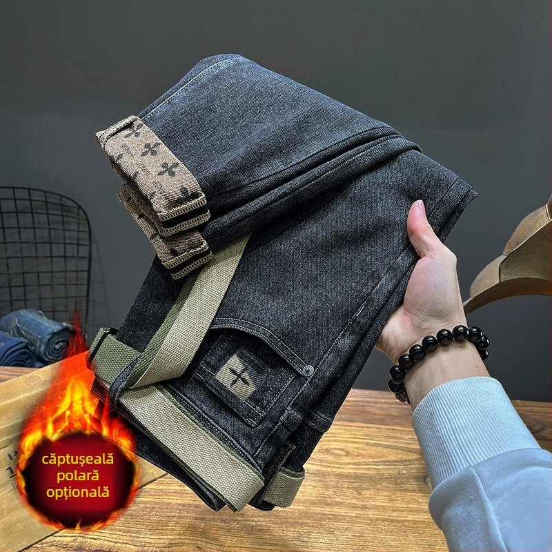 Pantaloni bărbătești toamna și iarna 2024 blugi negri cu căptușeală din fleece pentru bărbați, croială dreaptă slim fit, elastici, retro spălați, elastici, casual