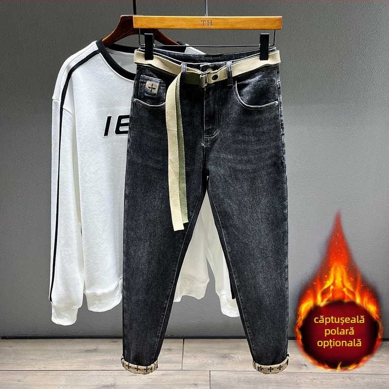 Pantaloni bărbătești toamna și iarna 2024 blugi negri cu căptușeală din fleece pentru bărbați, croială dreaptă slim fit, elastici, retro spălați, elastici, casual