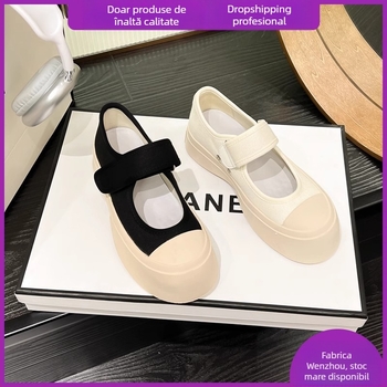 Pantofi de pânză de înaltă calitate, pantofi francezi Mary Jane, retro, cu tălpi groase, versatile, din piele naturală, albi, pantofi de vară pentru femei, cu velcro