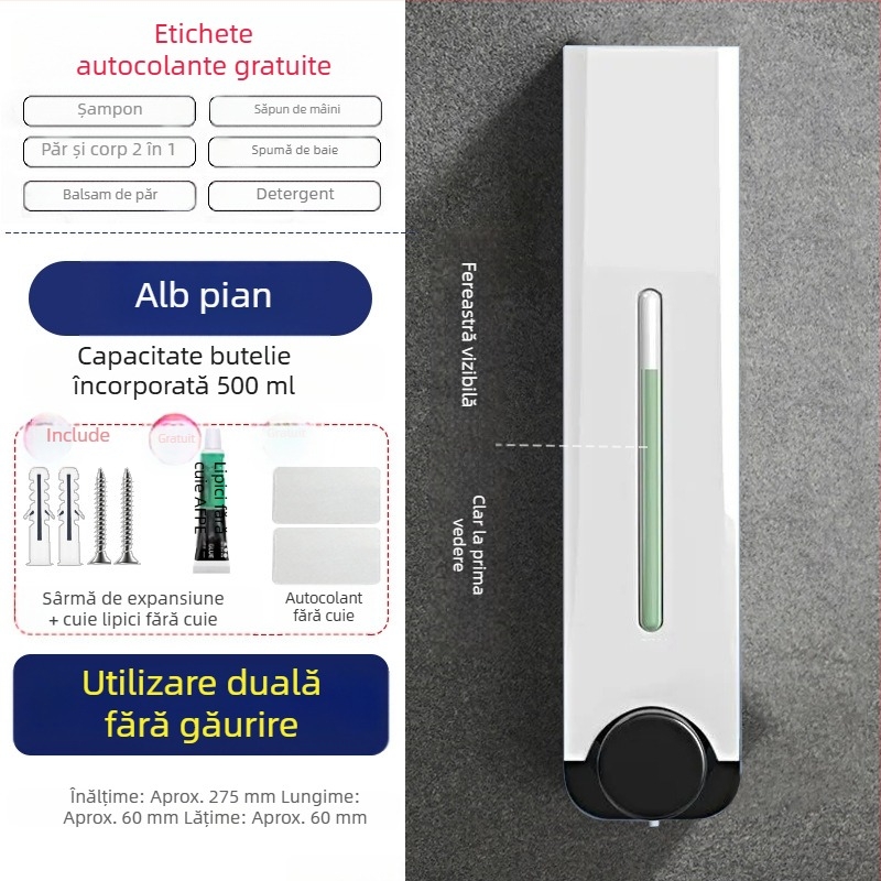 Dispenser de săpun montat pe perete, fără unghii, pentru baie și bucătărie, pentru hotel, montat pe perete, pentru săpun de mână, gel de duș, șampon, presă, dozator de săpun