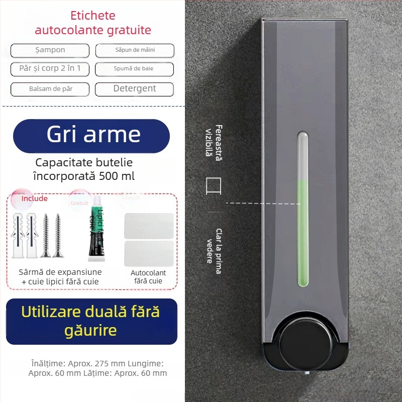 Dispenser de săpun montat pe perete, fără unghii, pentru baie și bucătărie, pentru hotel, montat pe perete, pentru săpun de mână, gel de duș, șampon, presă, dozator de săpun