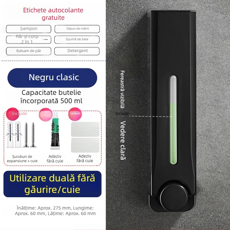 Dispenser de săpun montat pe perete, fără unghii, pentru baie și bucătărie, pentru hotel, montat pe perete, pentru săpun de mână, gel de duș, șampon, presă, dozator de săpun