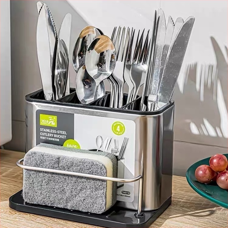 Lingură de uz casnic din oțel inoxidabil bețișoare transfrontaliere multifuncționale all-in-one bucătărie tacâmuri trei-în-one cutie de depozitare pentru scurgere stil nou