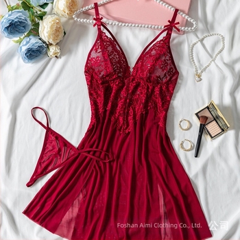 Lenjerie intimă sexy de vară pentru femei, cu plasă, rochie de noapte din dantelă roșie, brodată, pijama sexy, Sling 24015