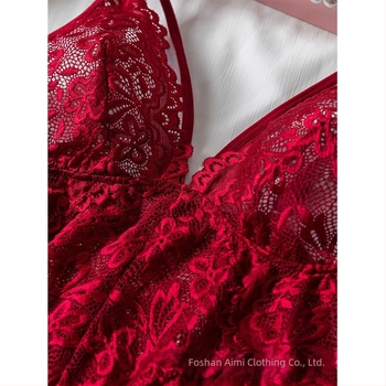 Lenjerie intimă sexy de vară pentru femei, cu plasă, rochie de noapte din dantelă roșie, brodată, pijama sexy, Sling 24015