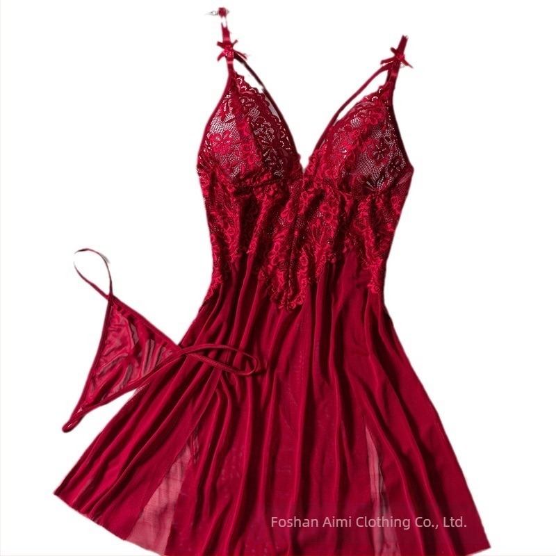 Lenjerie intimă sexy de vară pentru femei, cu plasă, rochie de noapte din dantelă roșie, brodată, pijama sexy, Sling 24015