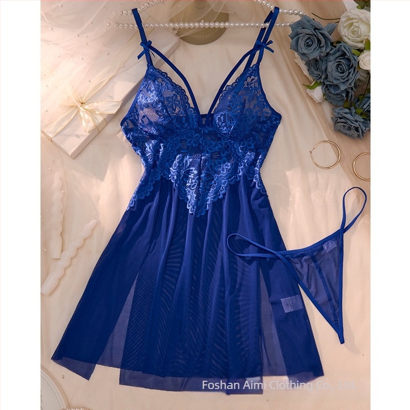 Lenjerie intimă sexy de vară pentru femei, cu plasă, rochie de noapte din dantelă roșie, brodată, pijama sexy, Sling 24015
