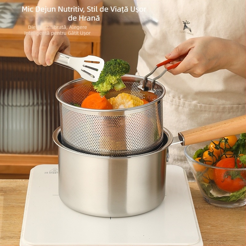 Oală de prăjit din oțel inoxidabil, oală mică de uz casnic cu strecurătoare, oală de prăjit pe gaz, oală de prăjit din oțel inoxidabil 304, economisire de combustibil