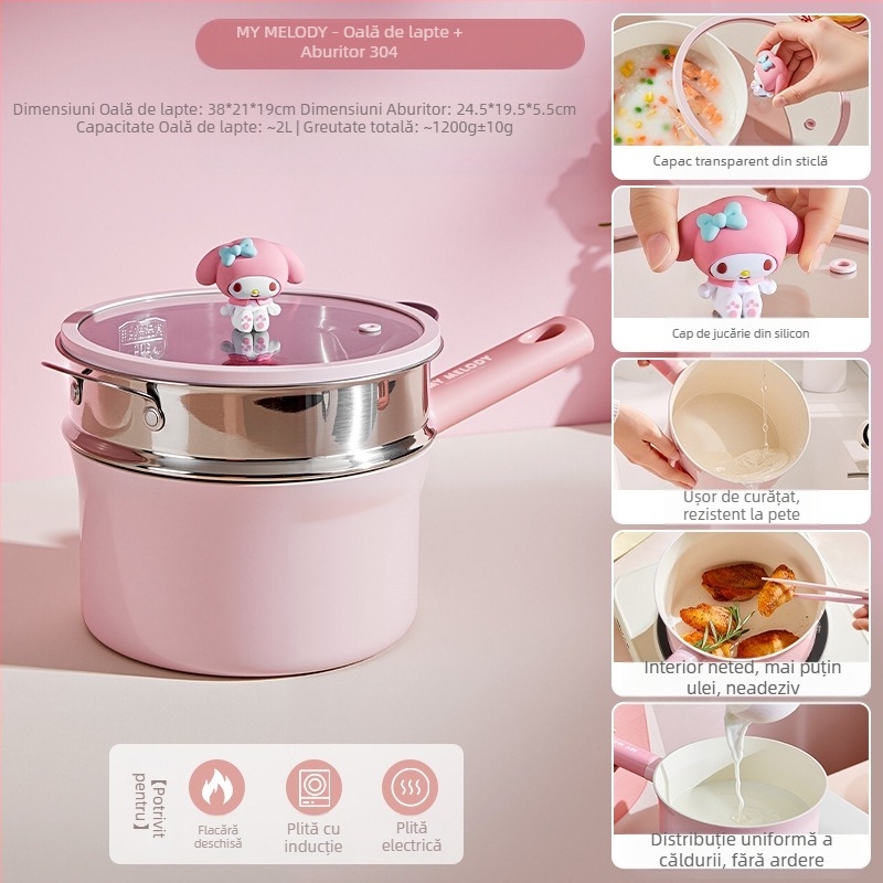 Sanrio Oală multifuncțională pentru lapte, oală antiaderentă, oală specială pentru sugari și copii mici, oală pentru supă, oală pentru gătit la abur și tăiței instant all-in-one