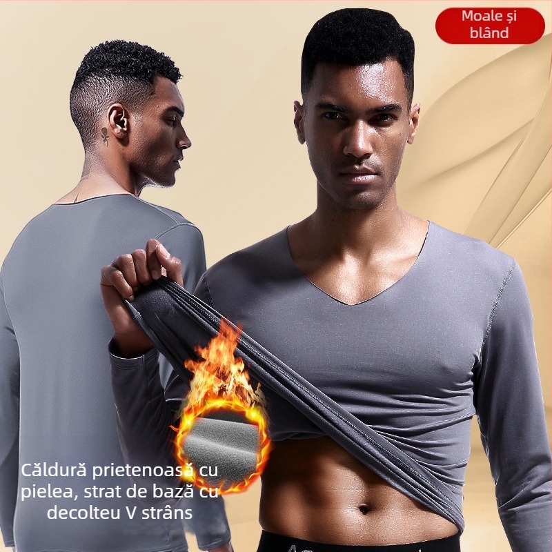 Lenjerie termică fără sudură pentru bărbați, top cu guler în V, iarnă, căptușită cu fleece, cămașă subțire strâmtă, haine de toamnă, pulover din bumbac rezistent la frig
