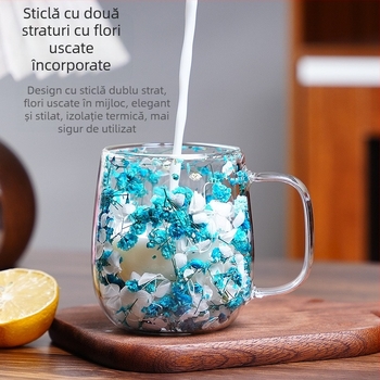 Ceașcă de cafea cu flori uscate, stil Ins, cu flori reale, din sticlă borosilicată dublă, pentru birou, bar, acasă, Mark