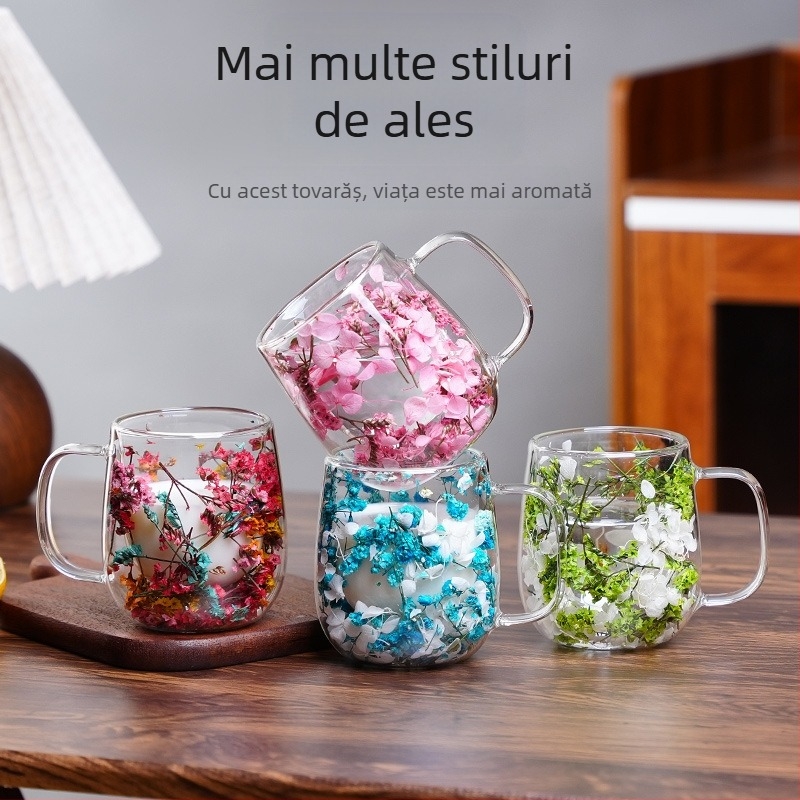 Ceașcă de cafea cu flori uscate, stil Ins, cu flori reale, din sticlă borosilicată dublă, pentru birou, bar, acasă, Mark