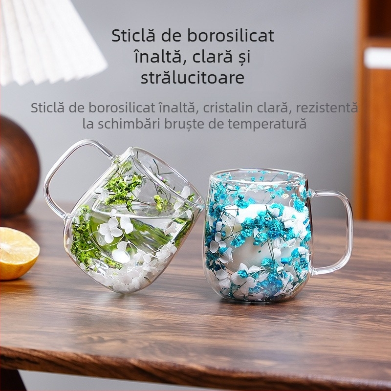 Ceașcă de cafea cu flori uscate, stil Ins, cu flori reale, din sticlă borosilicată dublă, pentru birou, bar, acasă, Mark