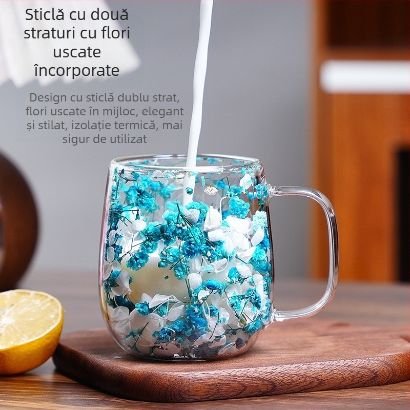 Ceașcă de cafea cu flori uscate, stil Ins, cu flori reale, din sticlă borosilicată dublă, pentru birou, bar, acasă, Mark