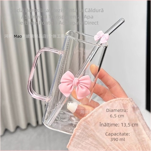 Cană de sticlă pătrată cu arc, stil Ins, cu mâner, aspect ridicat, rezistență la temperaturi ridicate, cană drăguță cu paie roz zână