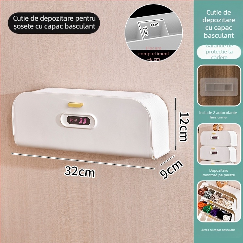 Cutie de depozitare pentru șosete montată pe perete, artefact pentru garderobă, cutie de organizare pentru lenjerie intimă și dresuri, tip sertar, pentru economisirea spațiului