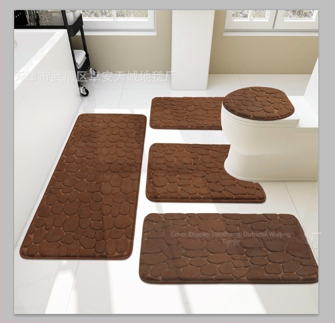 Set de cinci piese pentru toaletă, din fleece coral, în formă de U, transfrontalieră, covoraș antiderapant pentru baie, cu piatră cubică în relief, în stoc