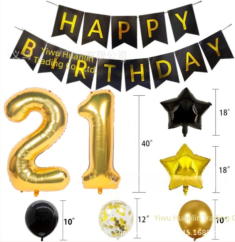 Balon digital auriu negru transfrontalier, din folie de aluminiu de 40 de inci, cu steag, cu paiete, combinație de baloane, temă pentru petrecere de ziua de naștere, decorațiuni transfrontaliere