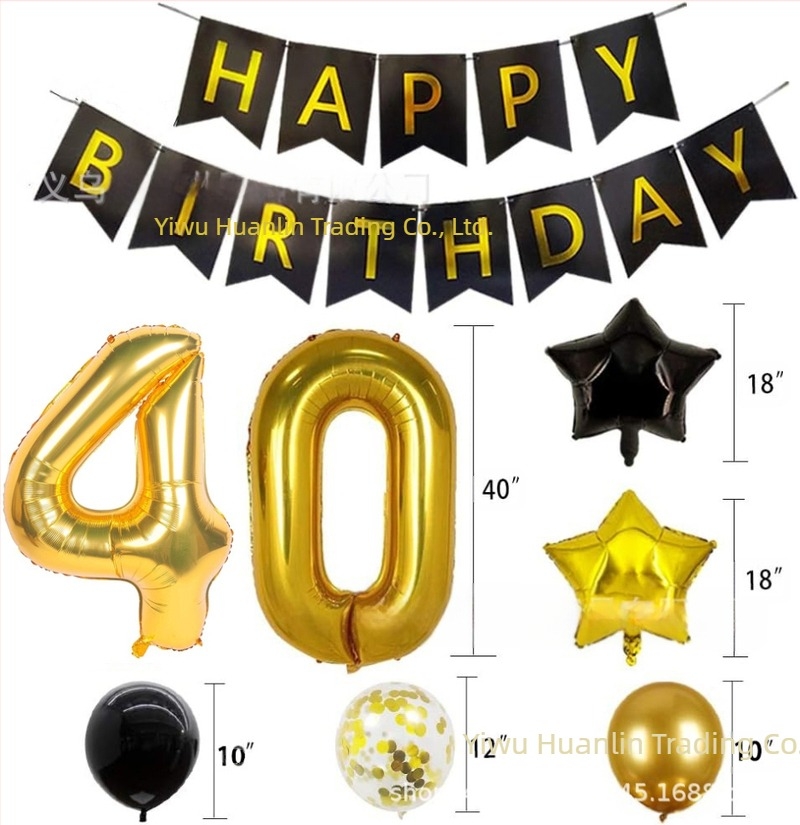 Balon digital auriu negru transfrontalier, din folie de aluminiu de 40 de inci, cu steag, cu paiete, combinație de baloane, temă pentru petrecere de ziua de naștere, decorațiuni transfrontaliere