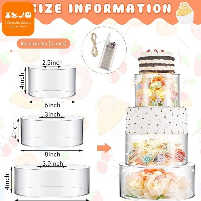 Set de 2 piese, suport rotund acrilic transparent modern, reîncărcabil pentru tort, pentru nuntă, petrecere de ziua de naștere, desert, afișaj