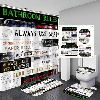 Set de perdele de duș cu model de lemn și litere pentru baie, set de 4 piese, accesorii decorative negre pentru baie, pernă în formă de U